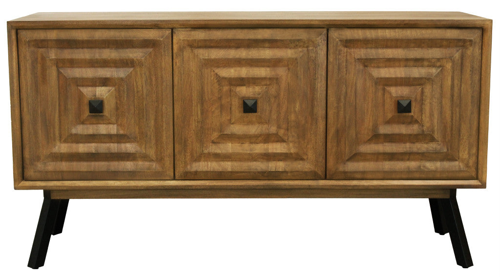 59" Chestnut Distressed Solid Wood Carved Geometric Sideboard with Three Doors