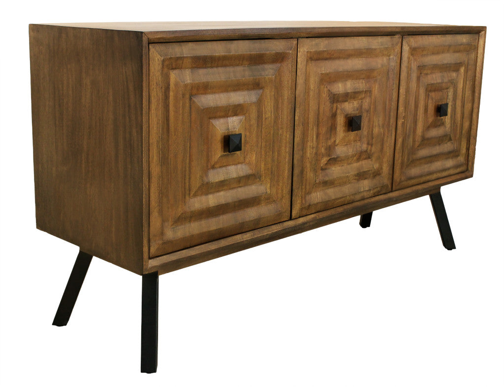 59" Chestnut Distressed Solid Wood Carved Geometric Sideboard with Three Doors