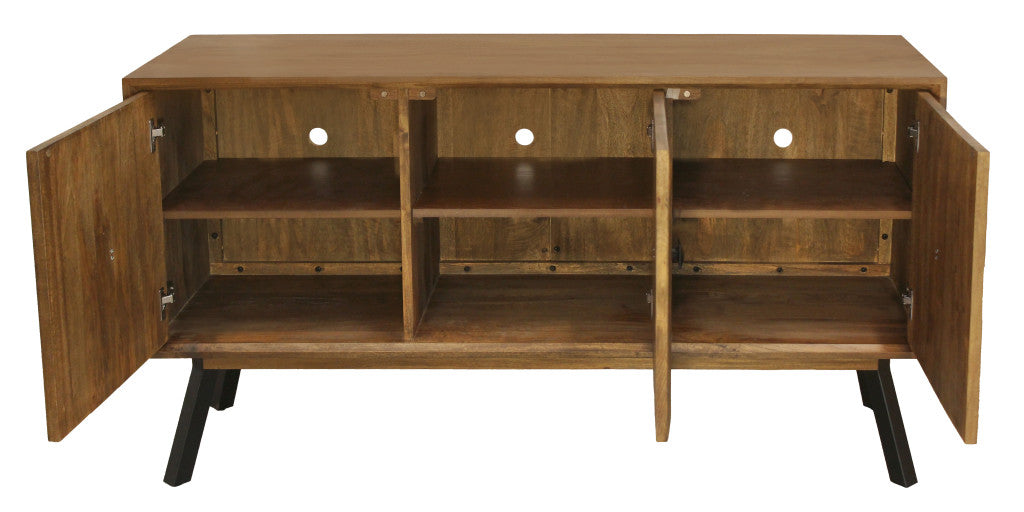 59" Chestnut Distressed Solid Wood Carved Geometric Sideboard with Three Doors