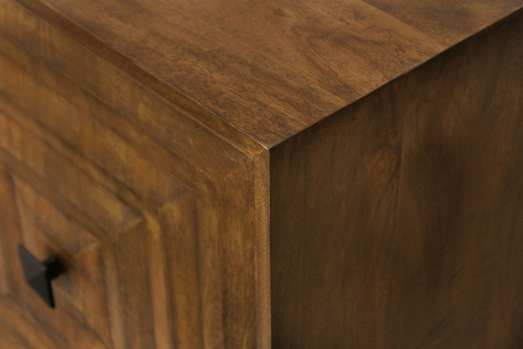 59" Chestnut Distressed Solid Wood Carved Geometric Sideboard with Three Doors