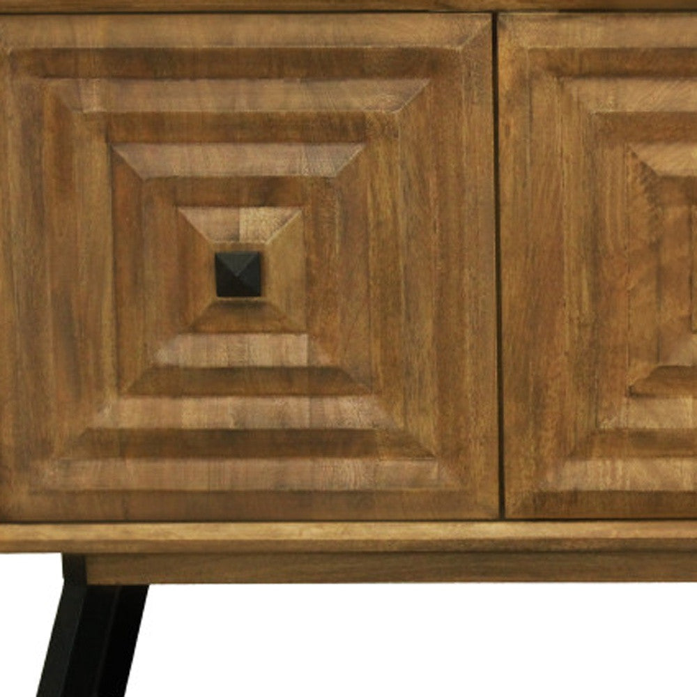 59" Chestnut Distressed Solid Wood Carved Geometric Sideboard with Three Doors