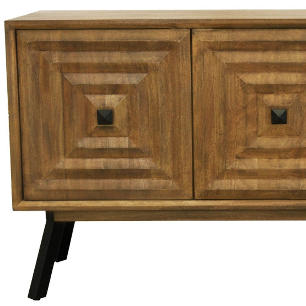 59" Chestnut Distressed Solid Wood Carved Geometric Sideboard with Three Doors