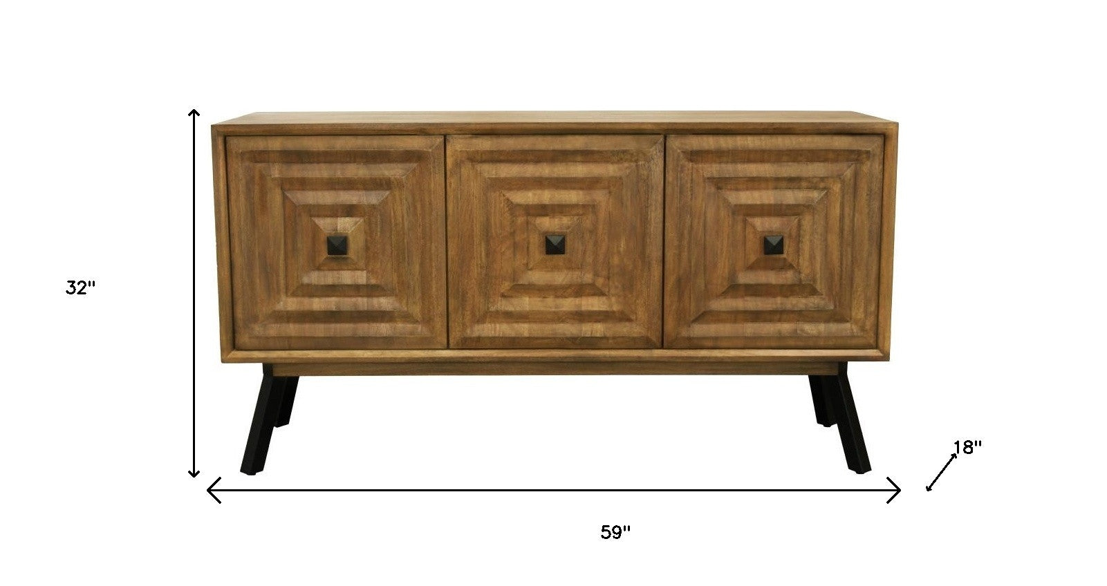 59" Chestnut Distressed Solid Wood Carved Geometric Sideboard with Three Doors
