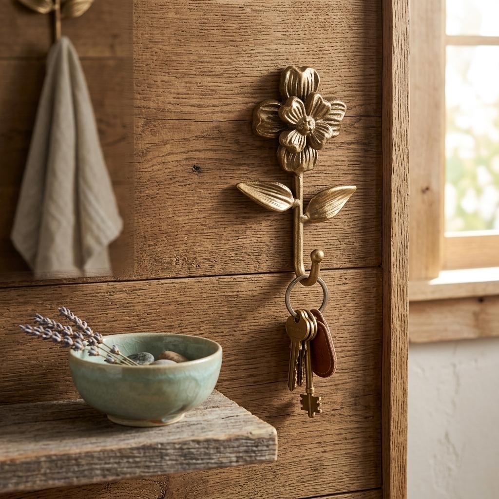 4" Antiqued Gold Cast Iron Flower Wall Hook