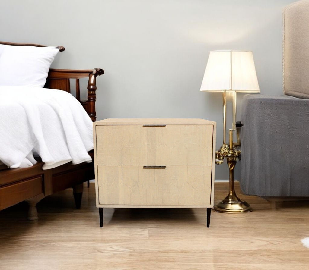 28" Natural Solid Wood Distressed Carved Geometric Two Drawer Nightstand