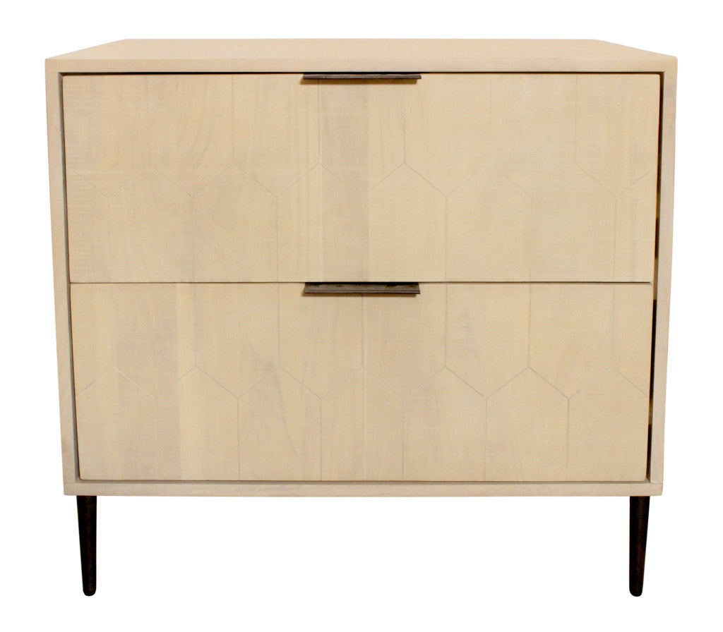28" Natural Solid Wood Distressed Carved Geometric Two Drawer Nightstand