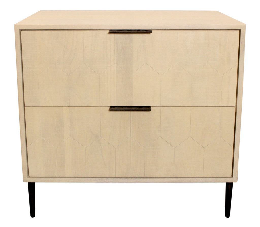 28" Natural Solid Wood Distressed Carved Geometric Two Drawer Nightstand