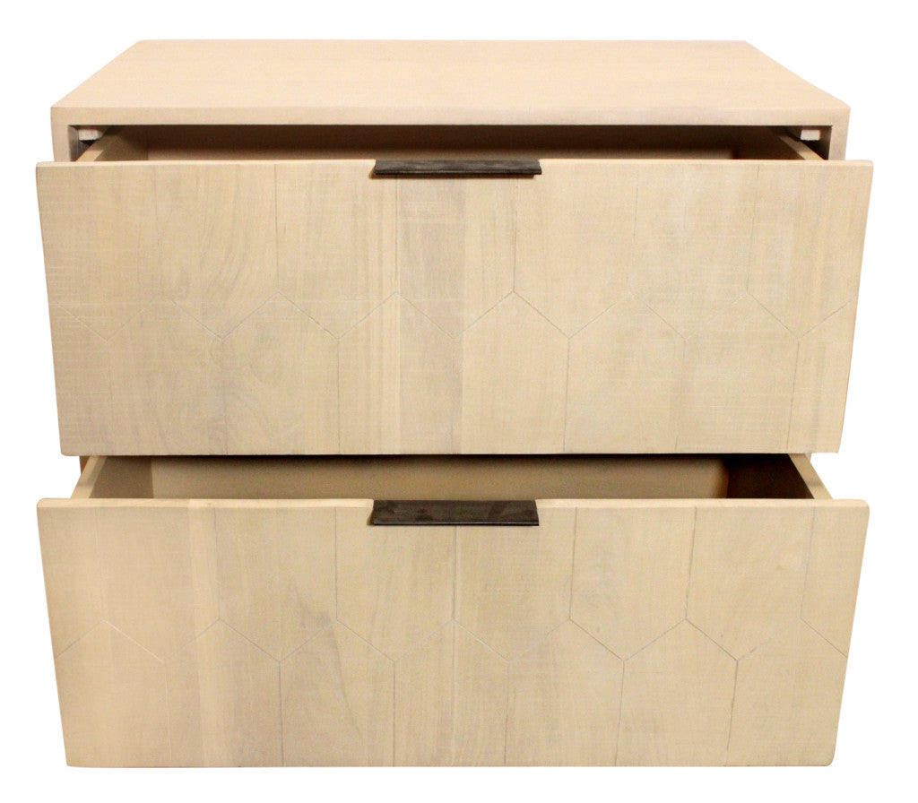 28" Natural Solid Wood Distressed Carved Geometric Two Drawer Nightstand
