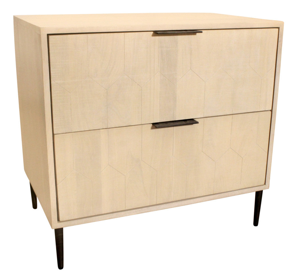 28" Natural Solid Wood Distressed Carved Geometric Two Drawer Nightstand