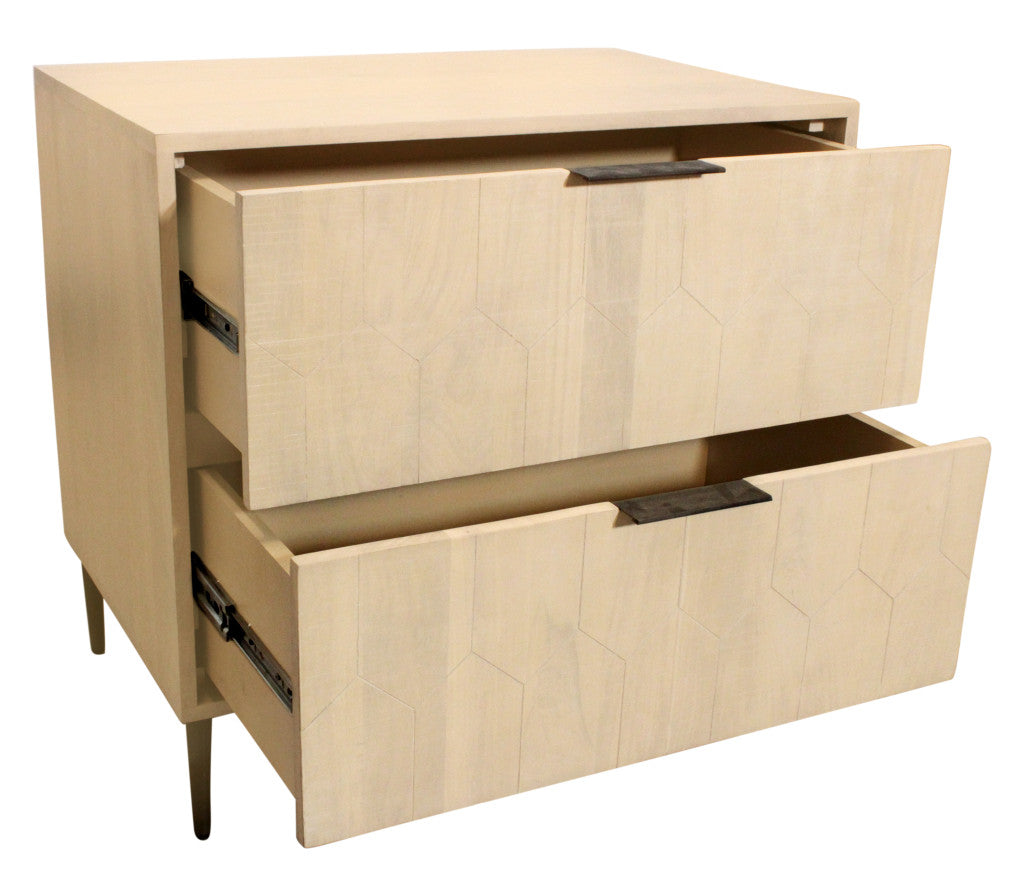 28" Natural Solid Wood Distressed Carved Geometric Two Drawer Nightstand