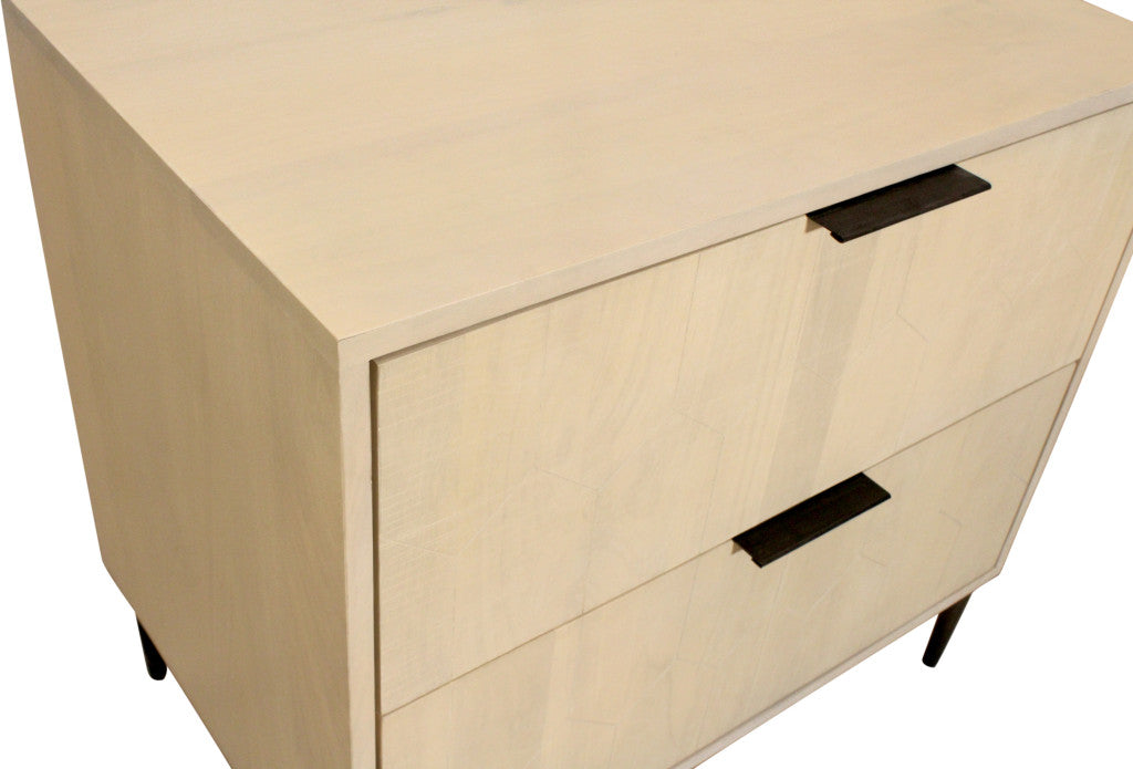 28" Natural Solid Wood Distressed Carved Geometric Two Drawer Nightstand