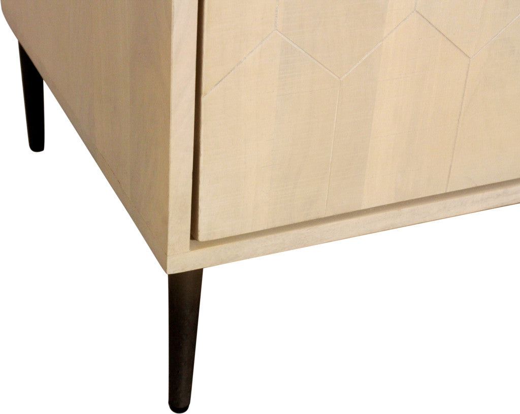 28" Natural Solid Wood Distressed Carved Geometric Two Drawer Nightstand