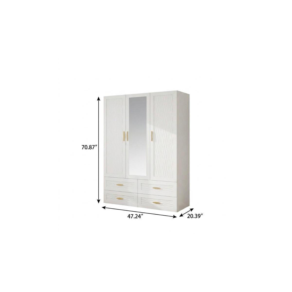 75" White Ribbed Texture Wood Mirrored Three Door Four Drawer Combo Dresser