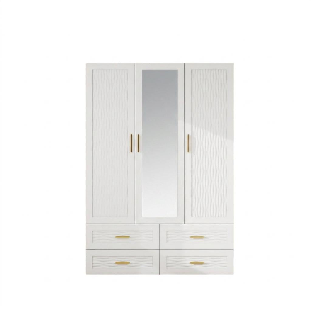 75" White Ribbed Texture Wood Mirrored Three Door Four Drawer Combo Dresser