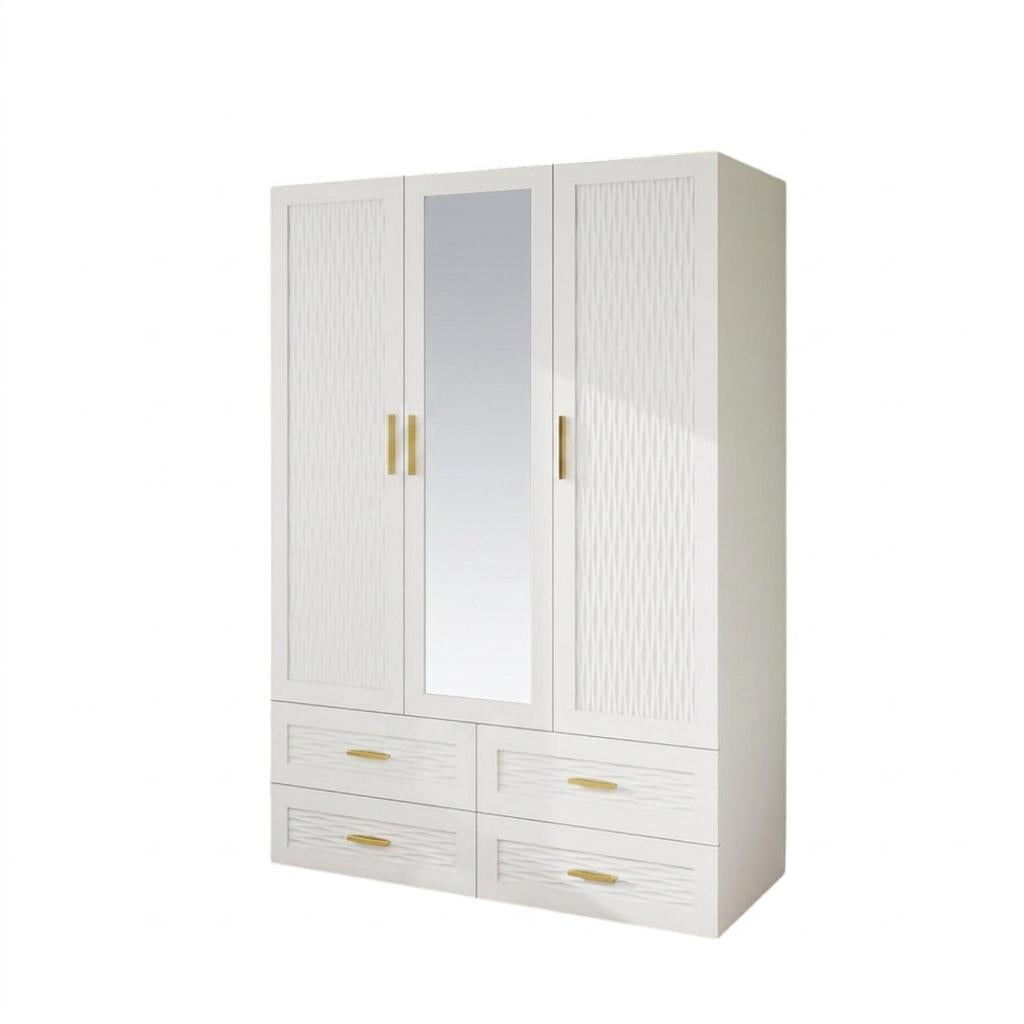 75" White Ribbed Texture Wood Mirrored Three Door Four Drawer Combo Dresser