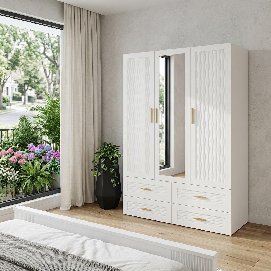 75" White Ribbed Texture Wood Mirrored Three Door Four Drawer Combo Dresser