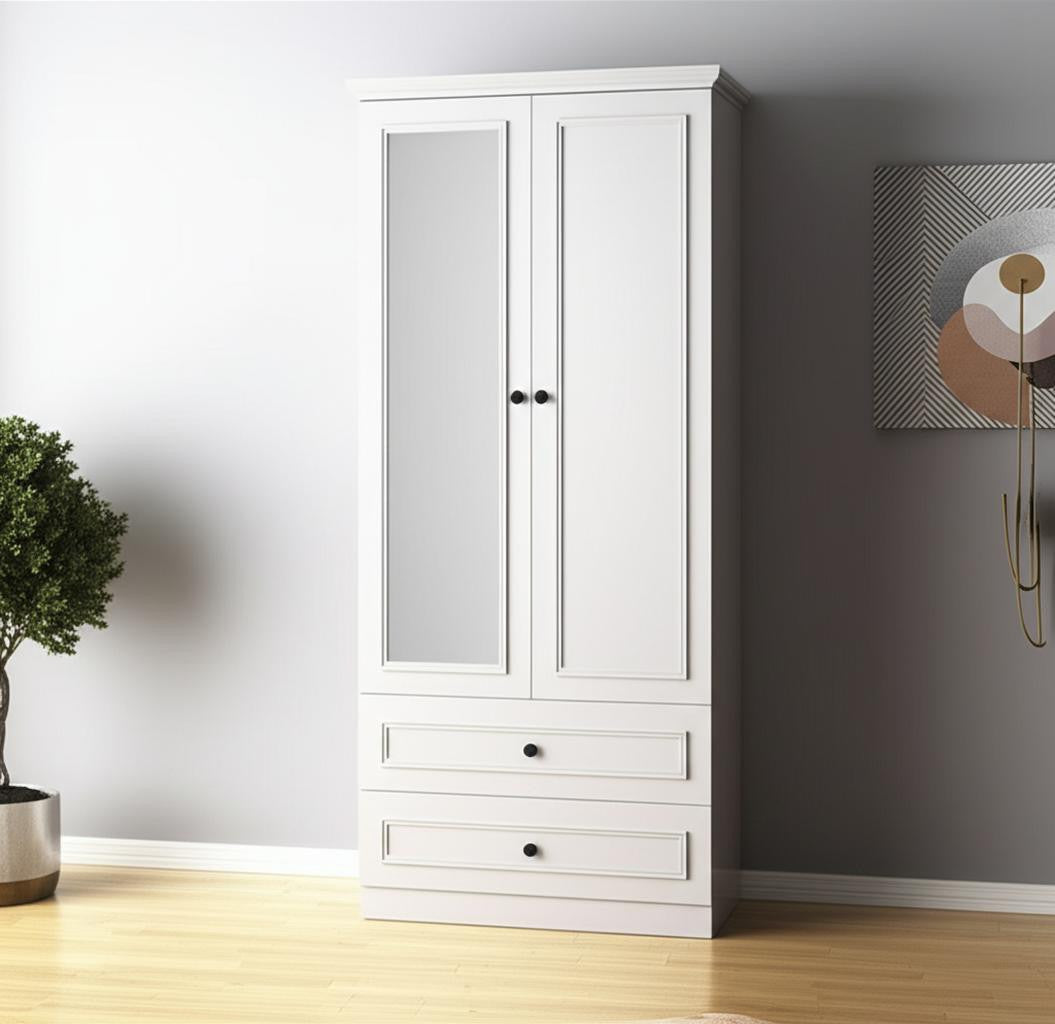71" White Wood Mirrored Two Door Two Drawer Combo Dresser