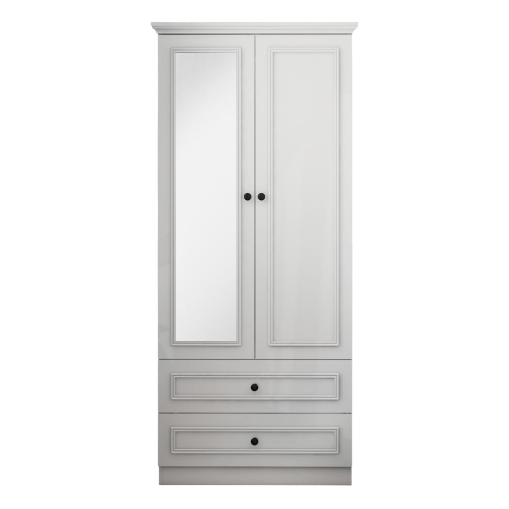 71" White Wood Mirrored Two Door Two Drawer Combo Dresser