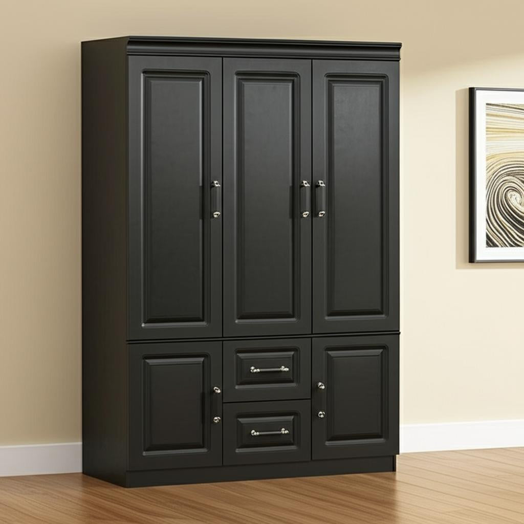 71" Black Wood Five Door Two Drawer Combo Dresser