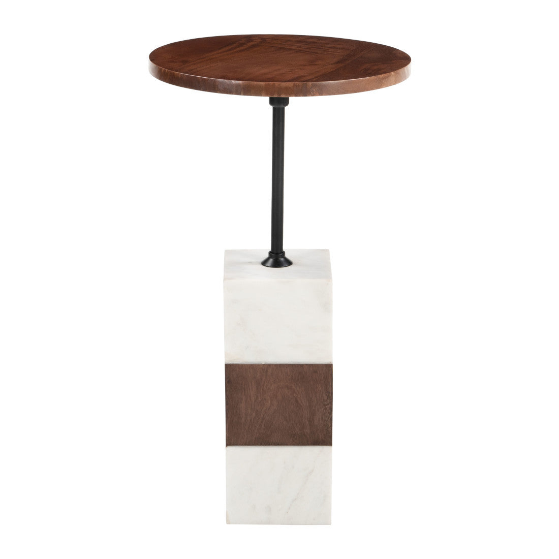 22" Brown and White Solid Wood Iron and Marble Circular Pedestal End Table