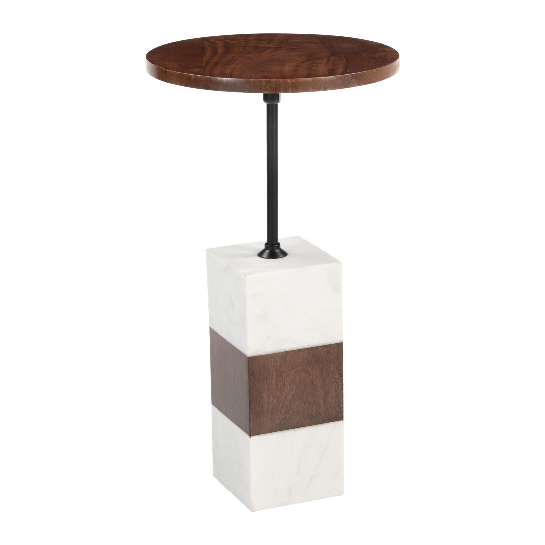 22" Brown and White Solid Wood Iron and Marble Circular Pedestal End Table