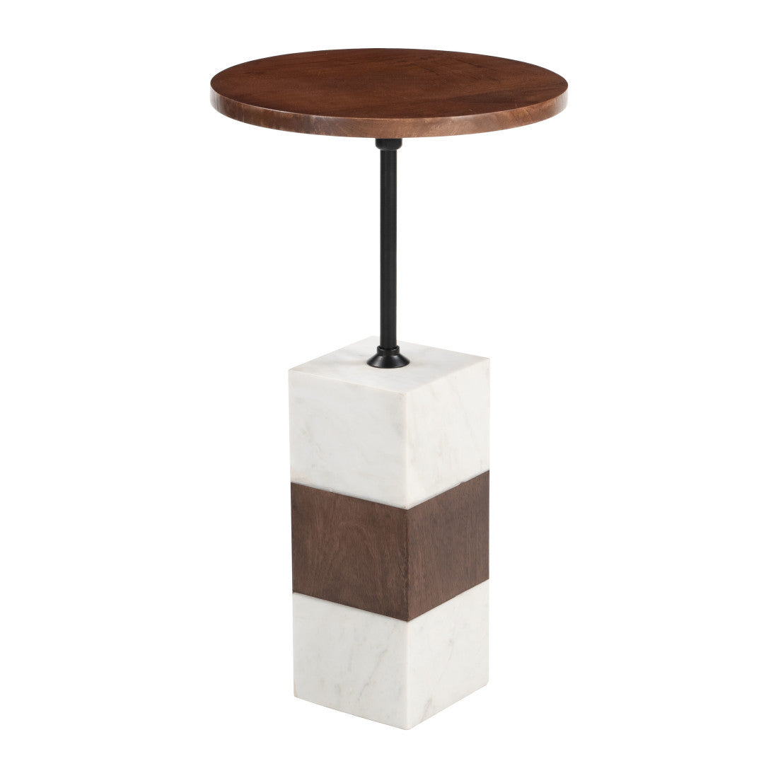 22" Brown and White Solid Wood Iron and Marble Circular Pedestal End Table