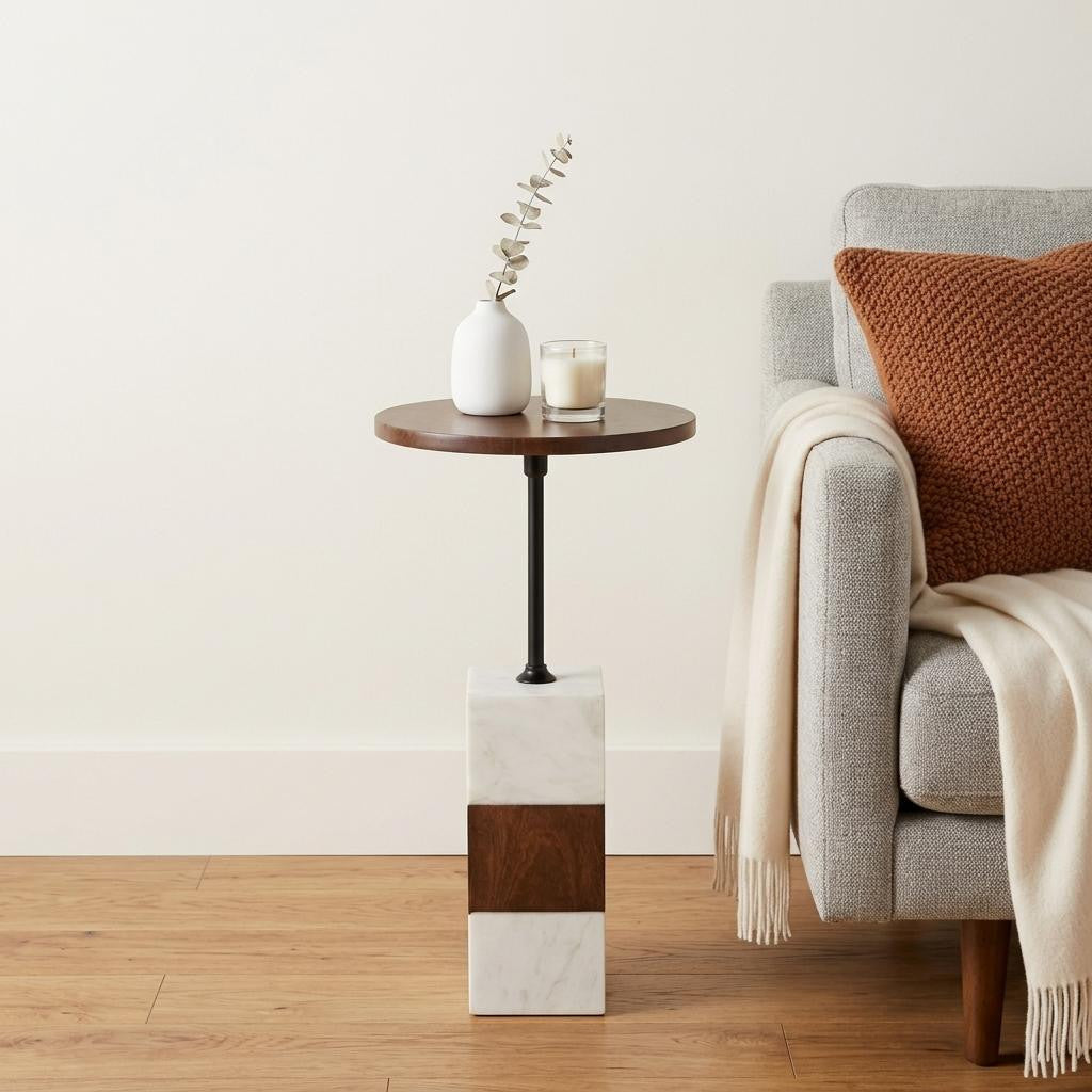 22" Brown and White Solid Wood Iron and Marble Circular Pedestal End Table