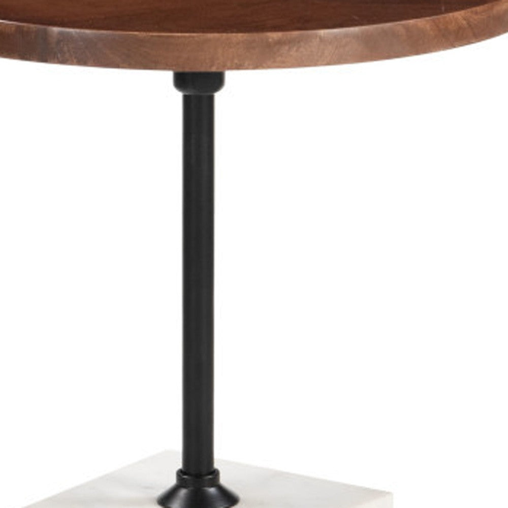 22" Brown and White Solid Wood Iron and Marble Circular Pedestal End Table