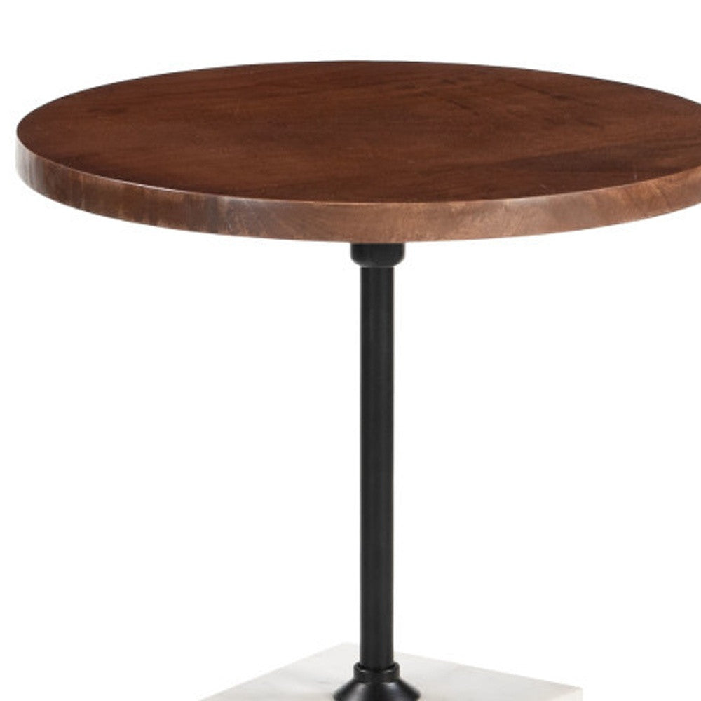 22" Brown and White Solid Wood Iron and Marble Circular Pedestal End Table