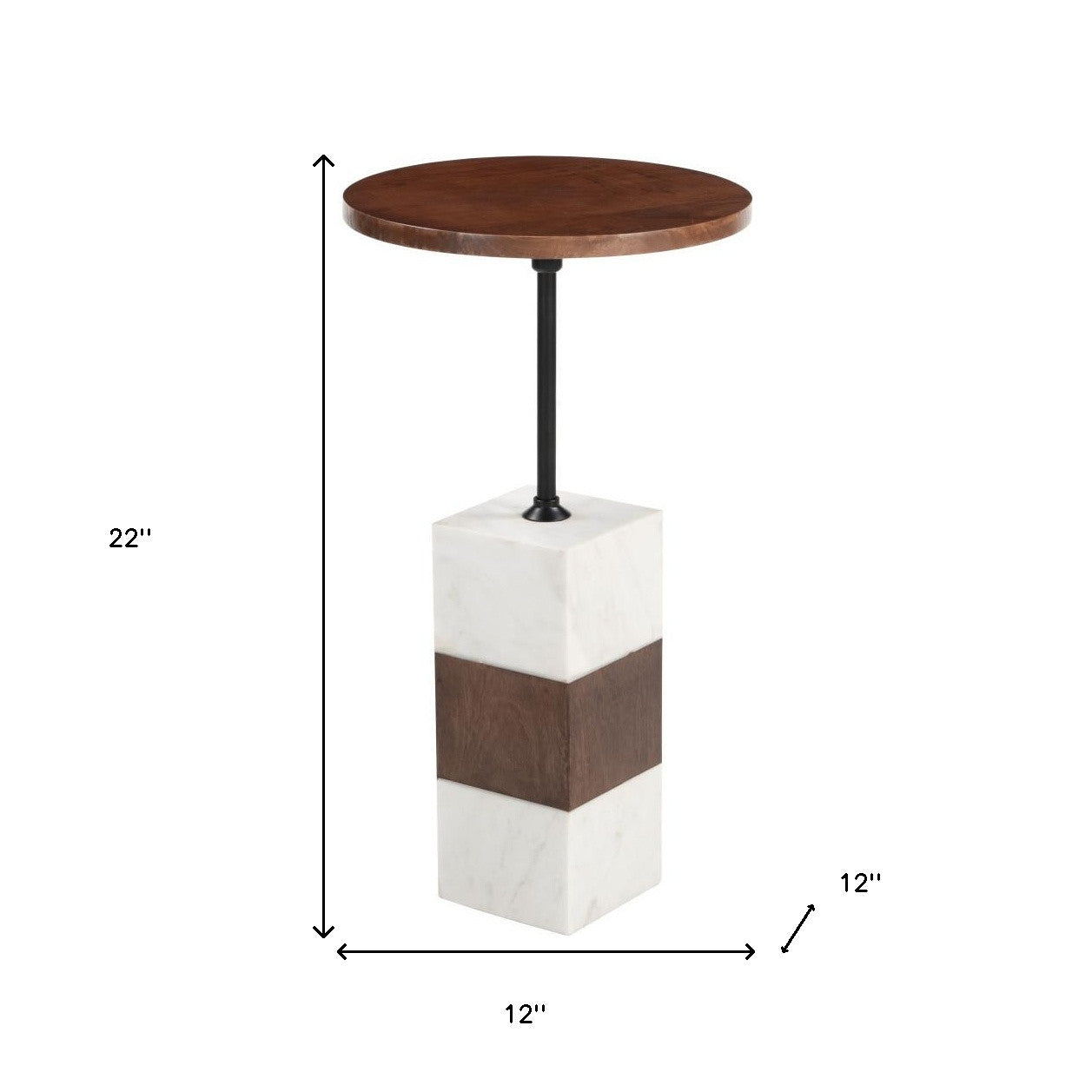 22" Brown and White Solid Wood Iron and Marble Circular Pedestal End Table