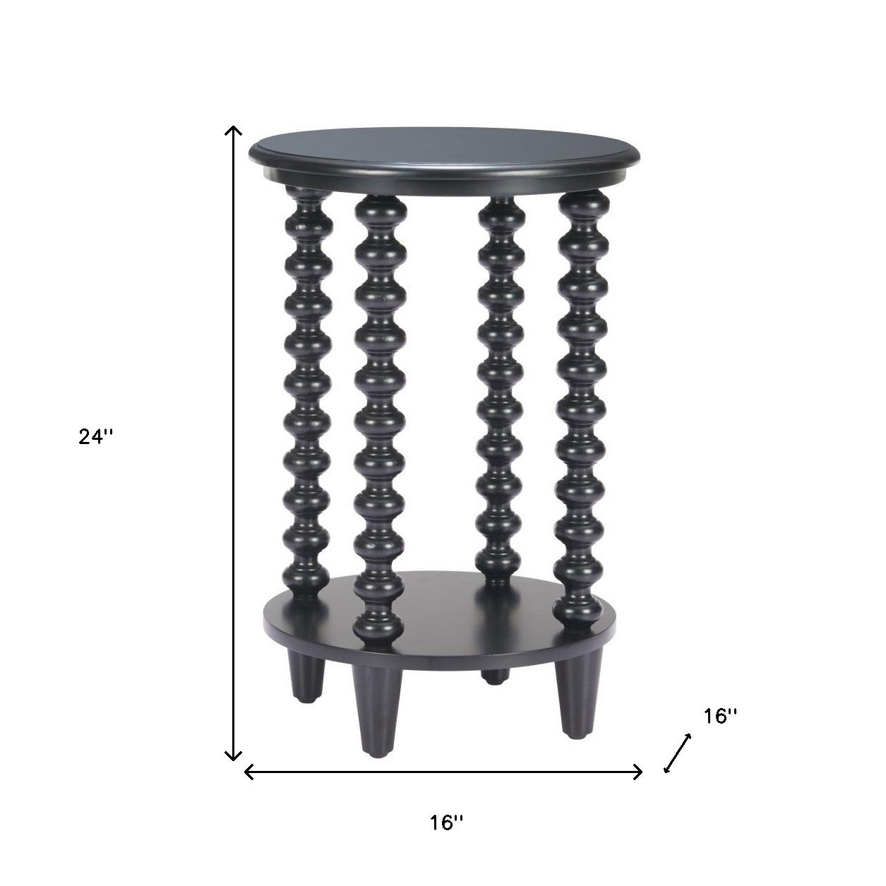 24" Black Solid Wood Circular End Table With Shelf