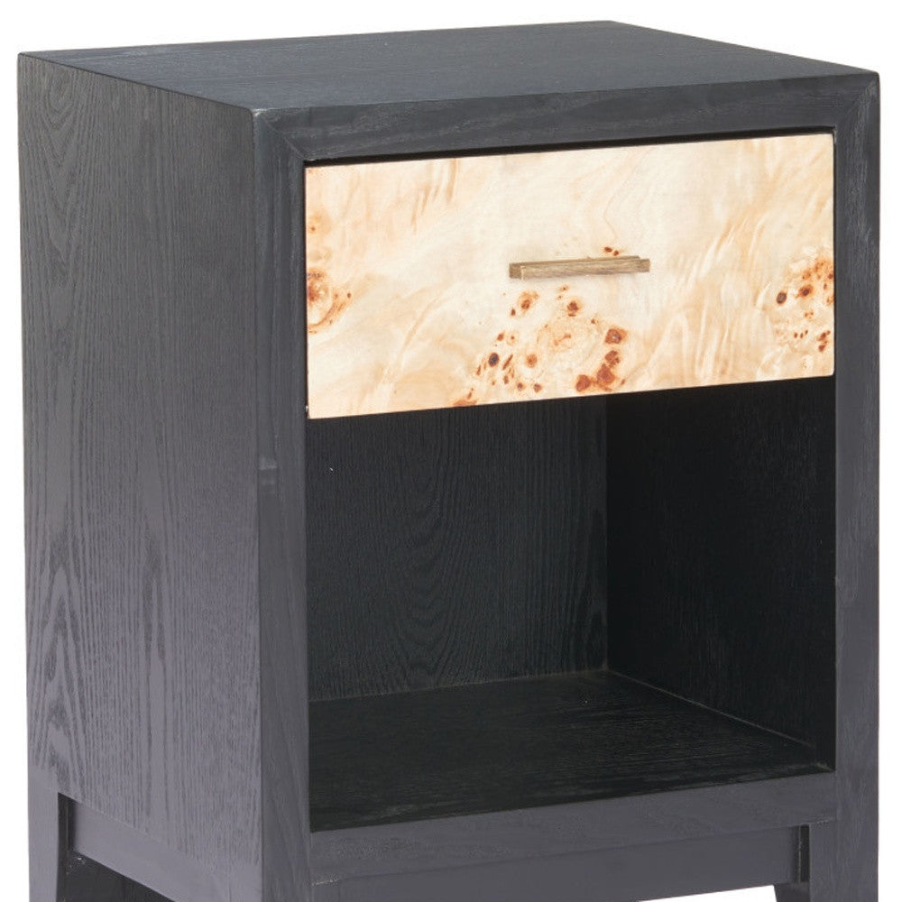 22" Gray Black and Natural Solid Wood End Table With Drawer And Shelf