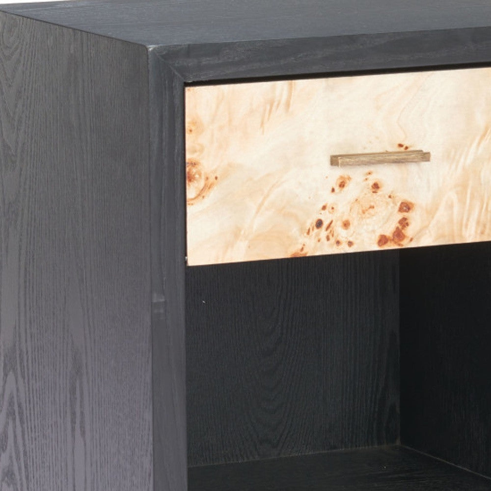 22" Gray Black and Natural Solid Wood End Table With Drawer And Shelf