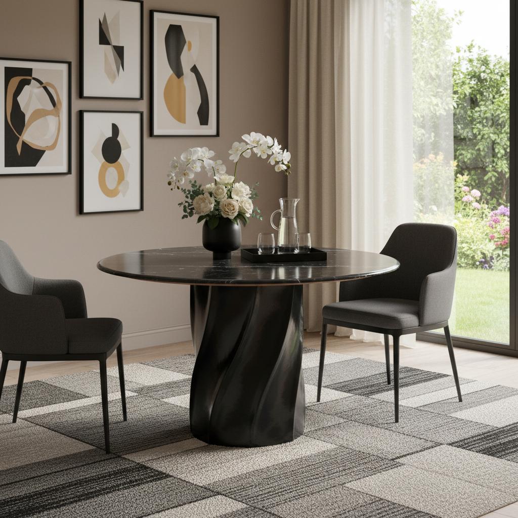 48" Black Marble and Wood Pedestal Base Round Top Dining Table
