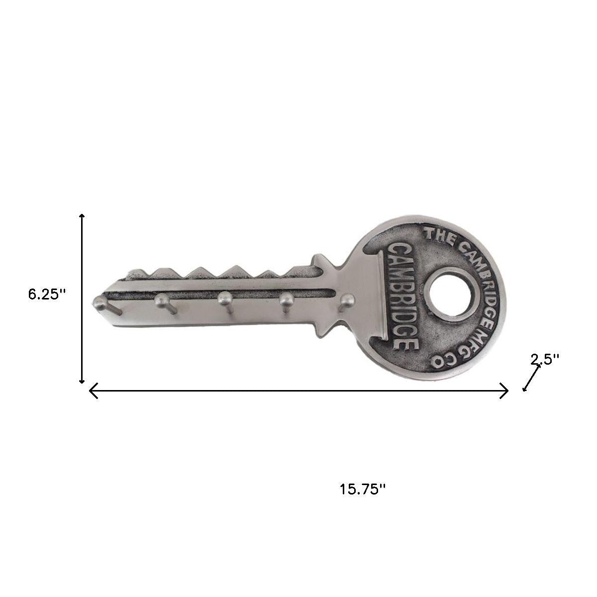 16" Silver Five Hook Wall Mount Key Shaped Coat Rack