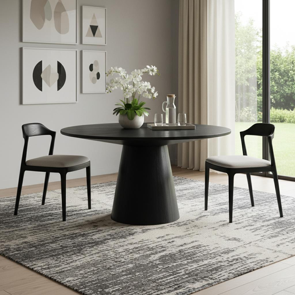 59" Black Wood Pedestal Base Round Top Dining Table
