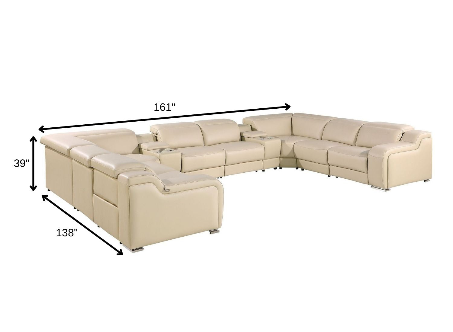 Beige Italian Leather Power Reclining U Shaped Ten Piece Corner Sectional With Console