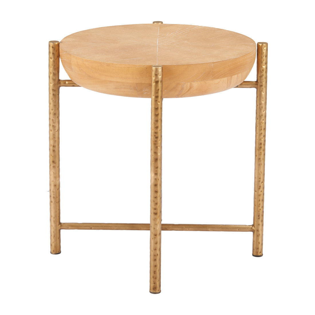 22" Natural and Gold Wood and Stainless Steel Round End Table