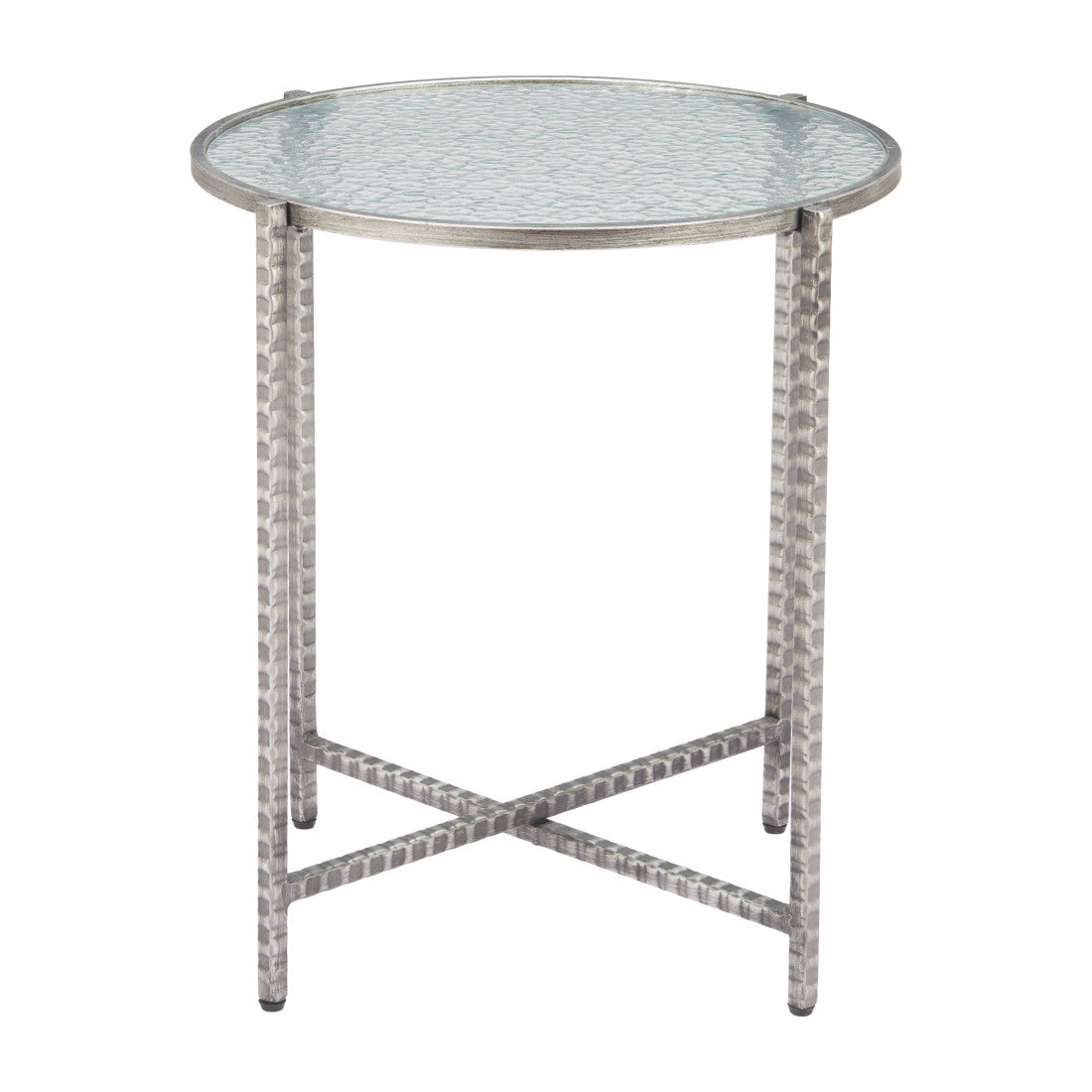 22" Clear and Silver Glass and Distressed Steel Round End Table