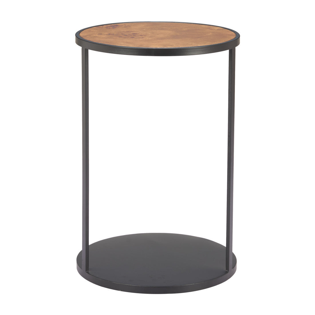 25" Brown and Black Wood and Iron Round Pedestal End Table