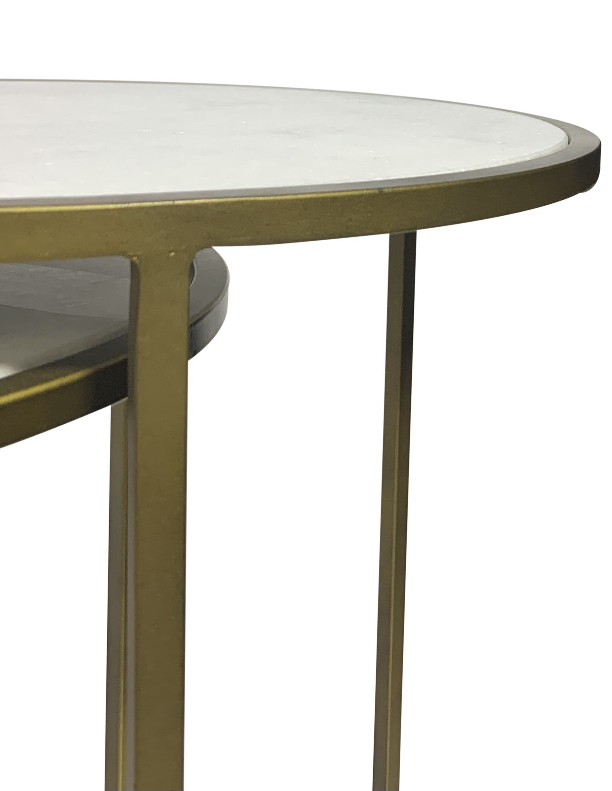 Set of Three White and Antiqued Gold Marble and Iron Round Frame Nested Tables