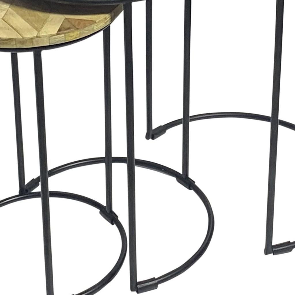 Set of Three Natural Natural and Black Solid Wood and Iron Round Frame Nested Tables