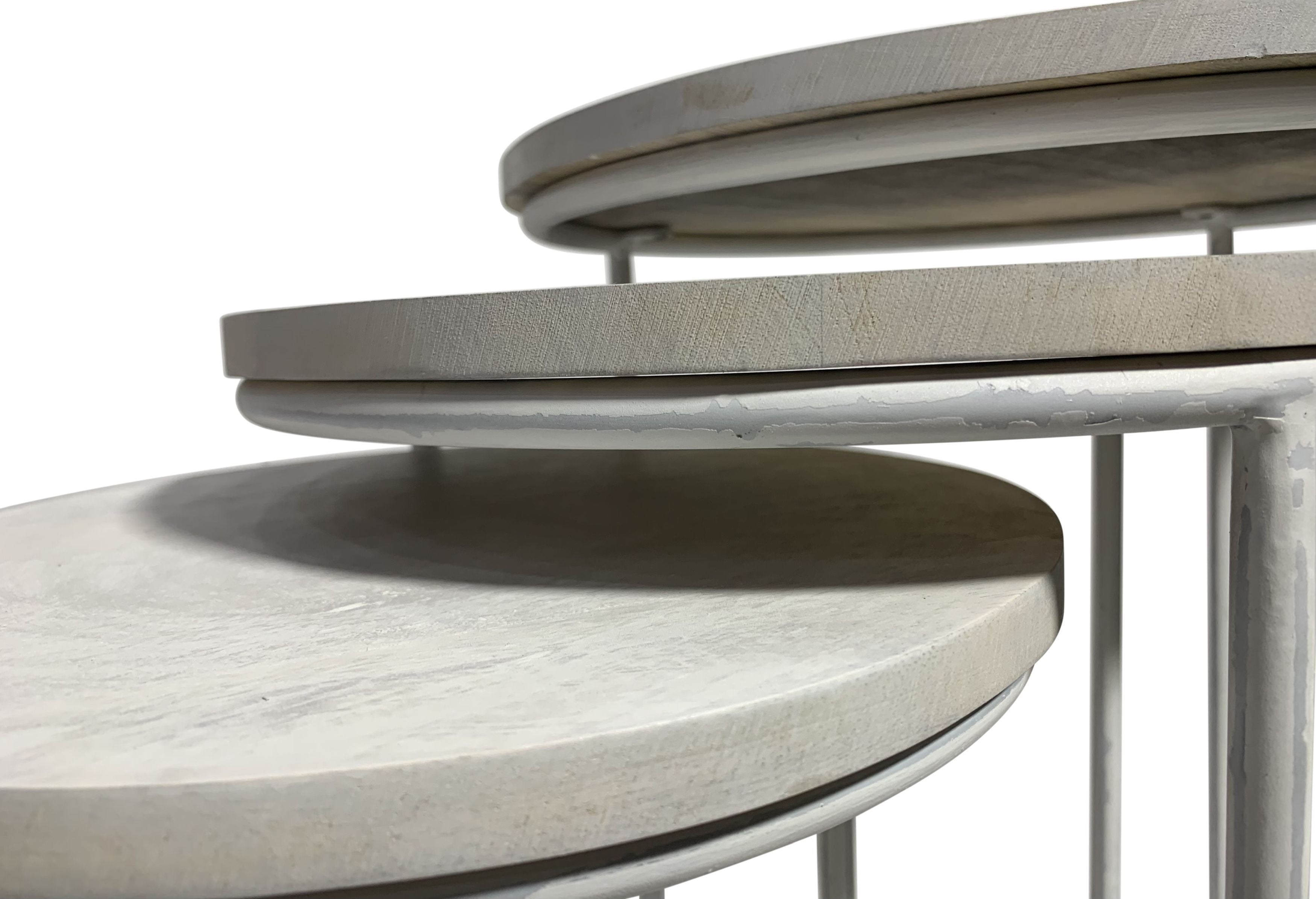 Set of Two White Solid Wood and Metal Round Frame Nested Tables