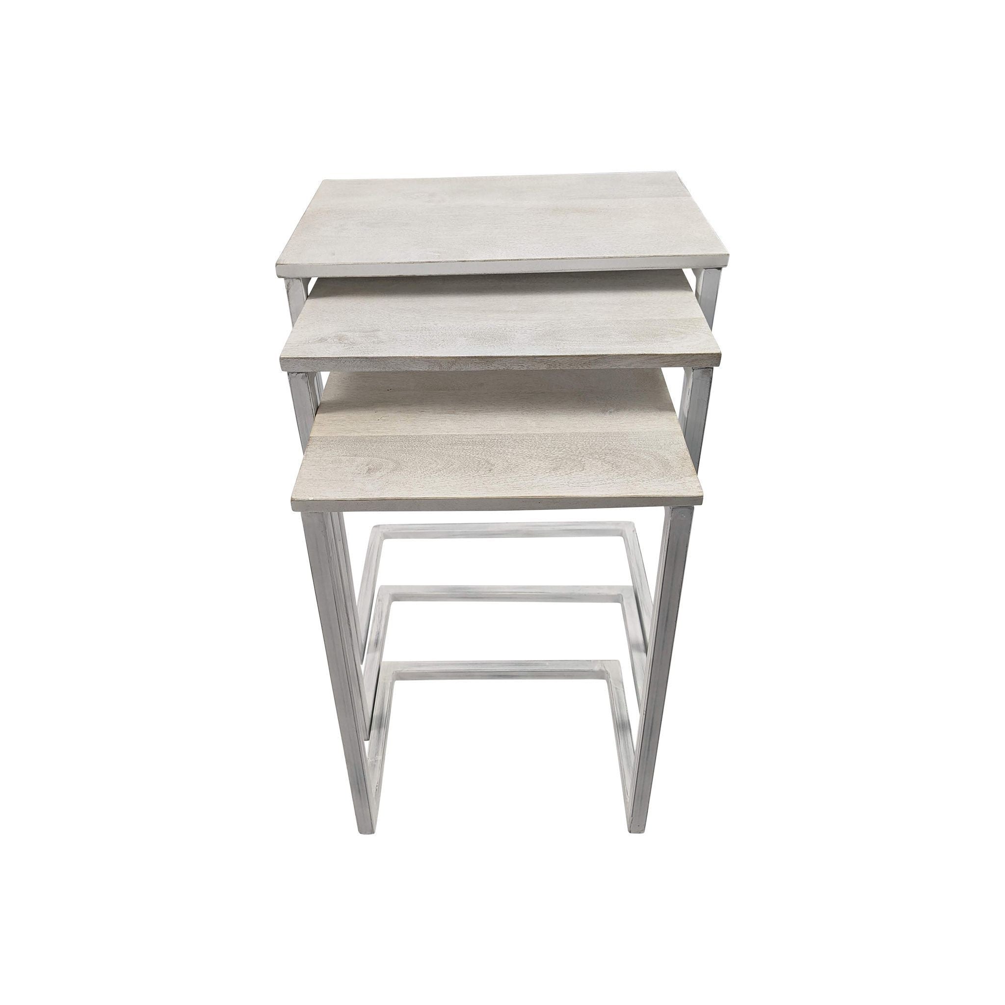 Set of Three Antiqued White Solid Wood and Steel Frame Nested Tables