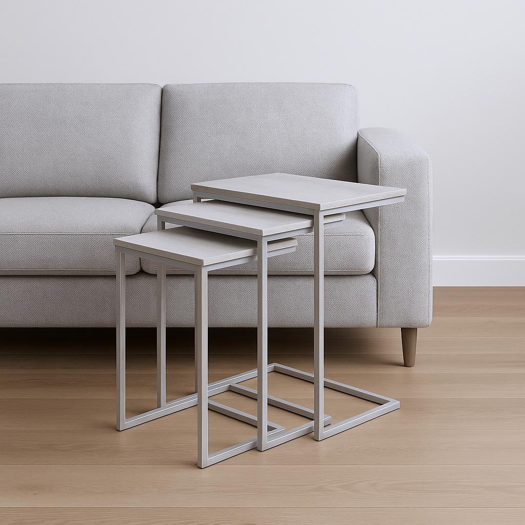 Set of Three Antiqued White Solid Wood and Steel Frame Nested Tables