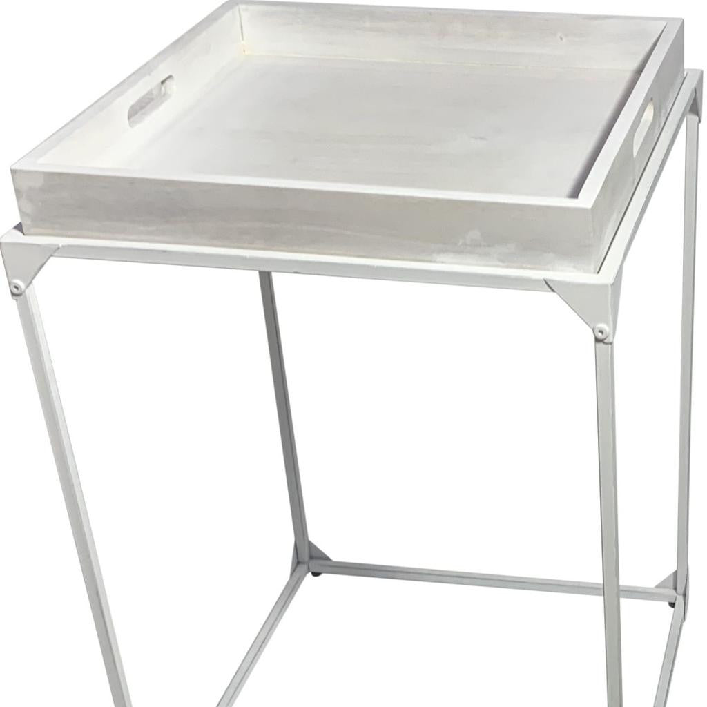 29" White Solid Wood and Iron Square Tray Style End Table