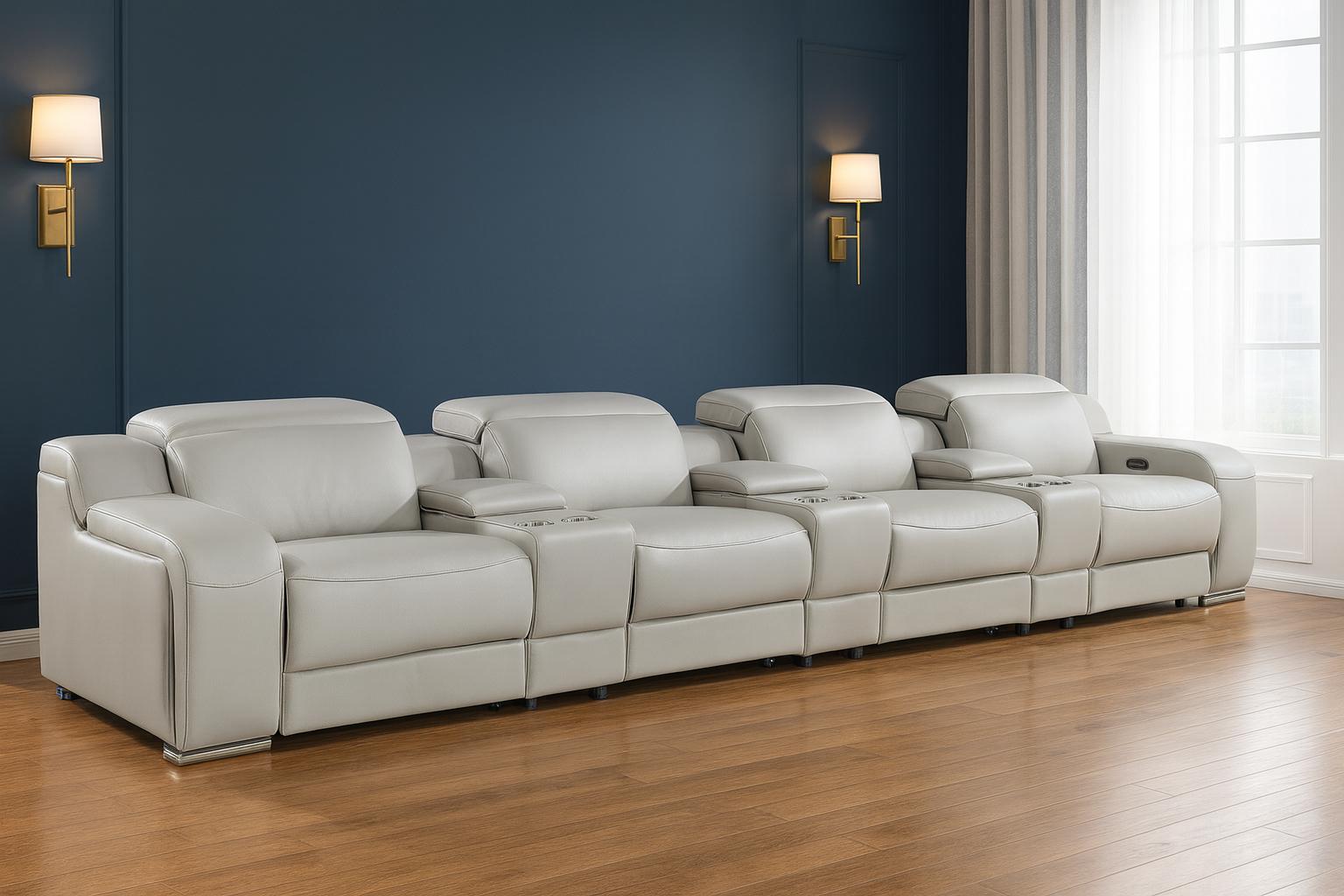 169" Light Gray Italian Leather Reclining USB Sofa