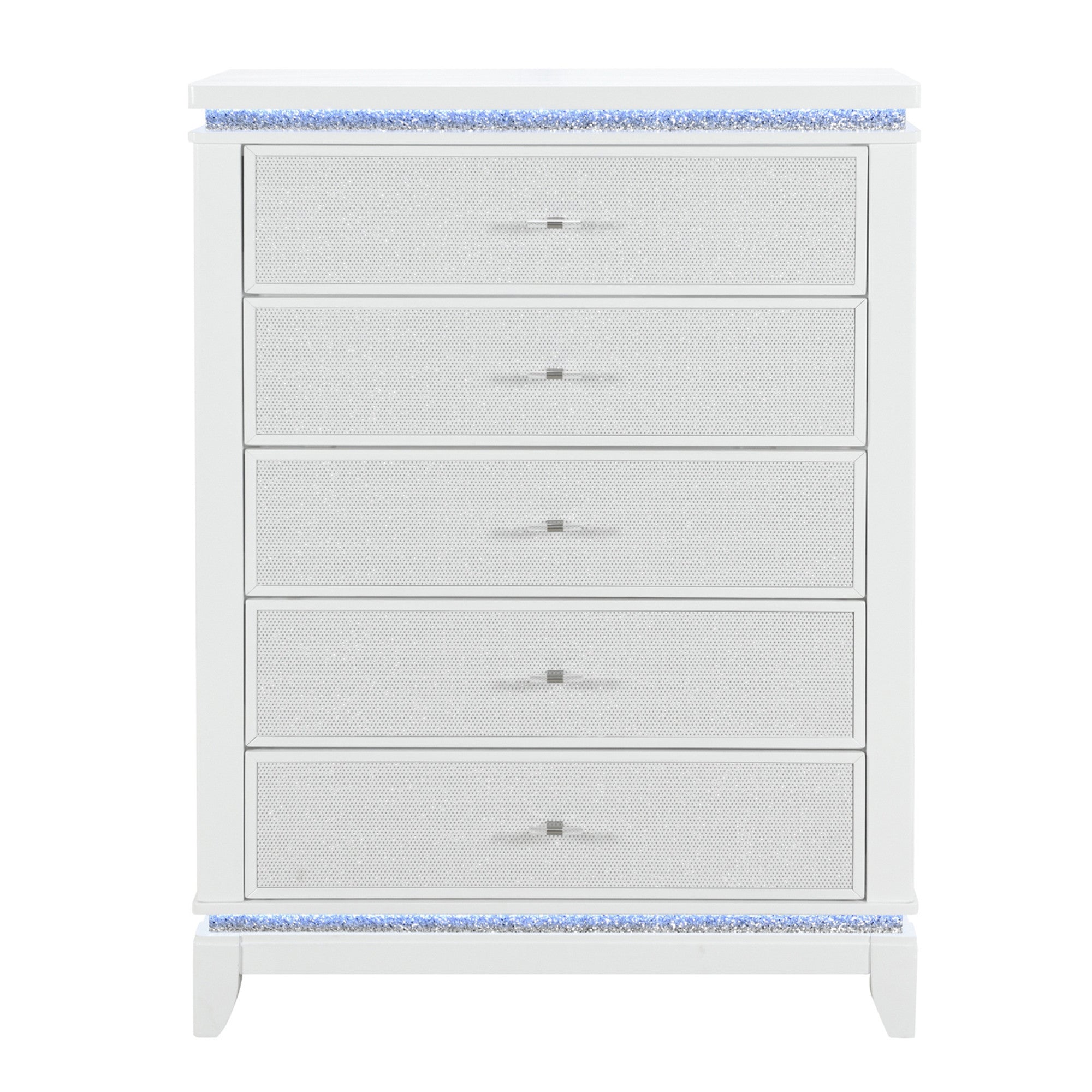 36" White Faux Crystal Glitter Wood Lighted Five Drawer Dresser