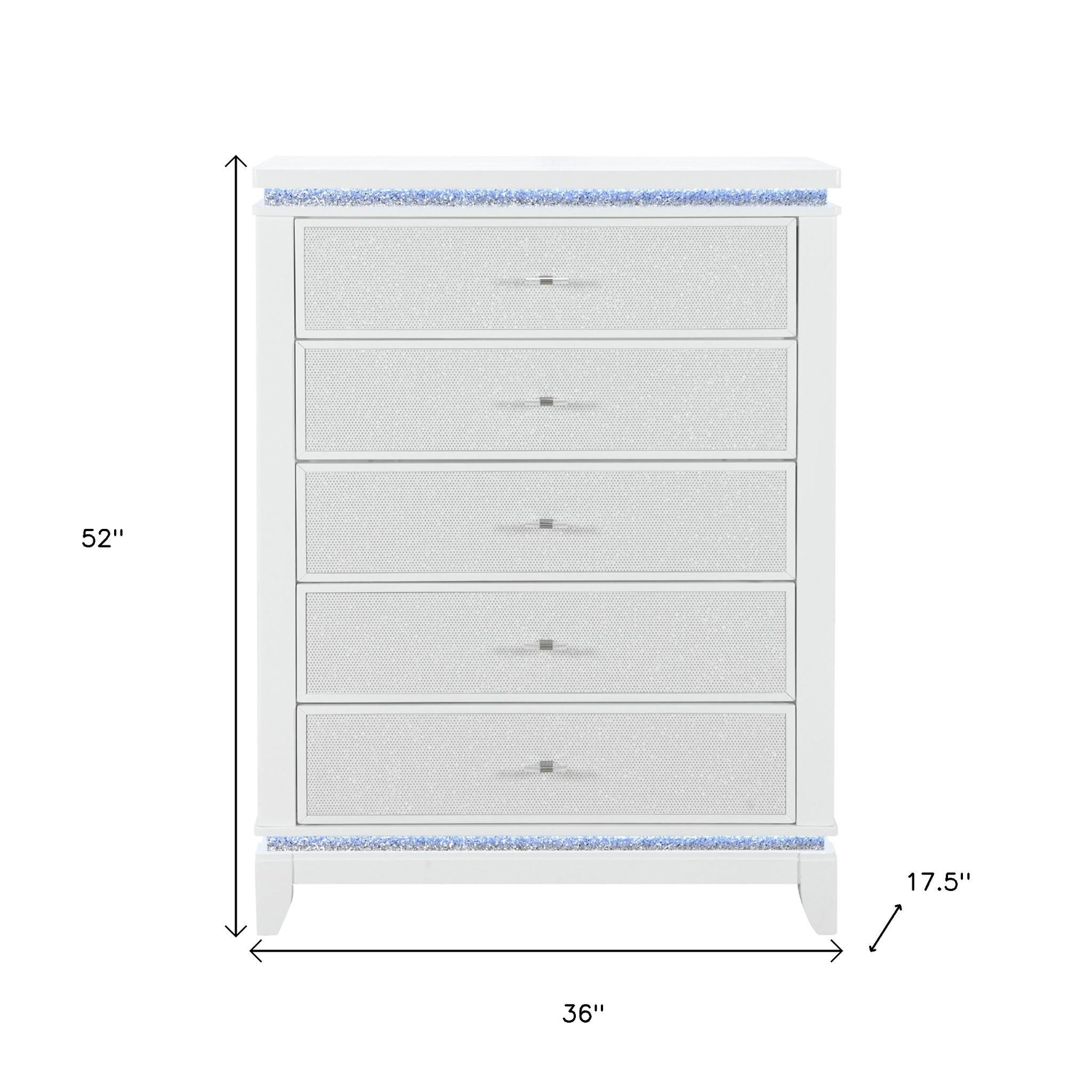 36" White Faux Crystal Glitter Wood Lighted Five Drawer Dresser
