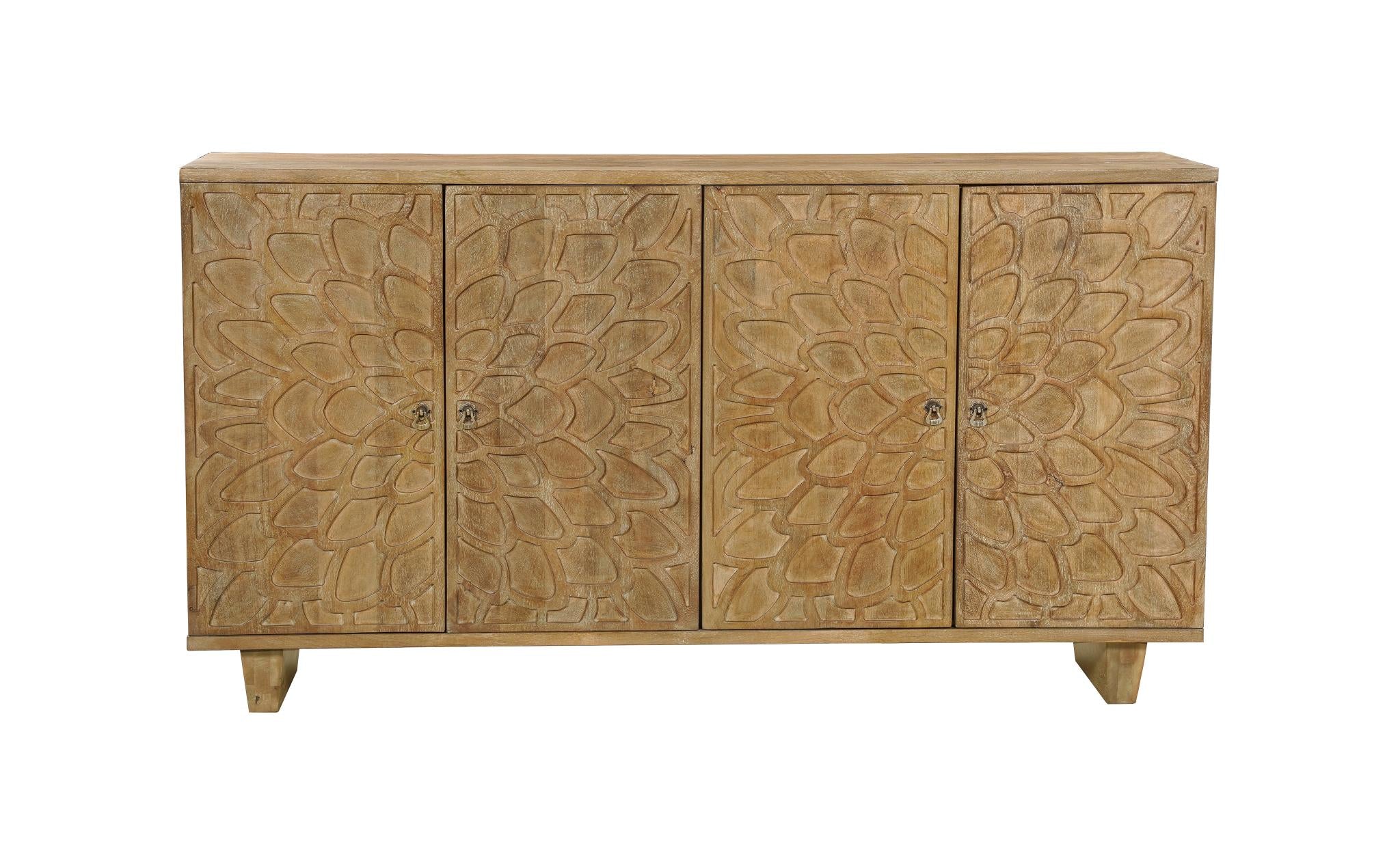 70" Brown Distressed Solid Wood Carved Floral Sideboard with Four Doors